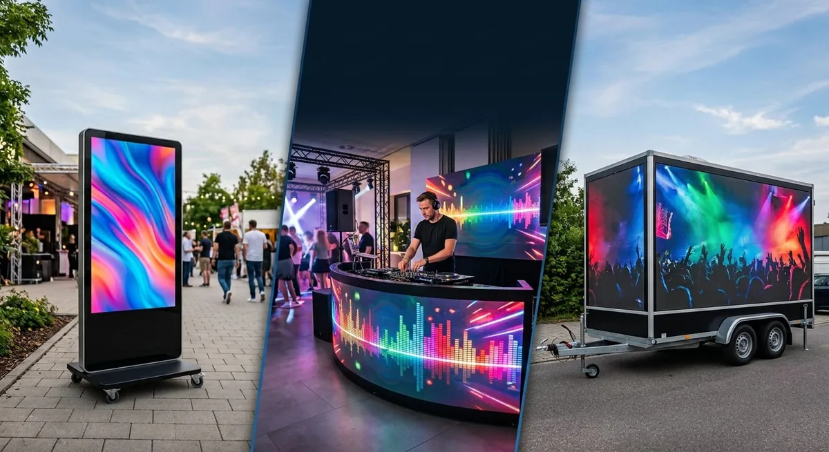 Illustration: mobile LED-Displays – Kundenstopper, LED-DJ-Pult, Anhänger