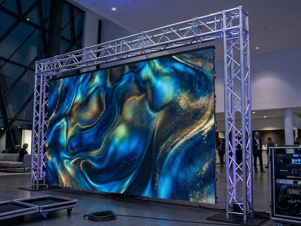 Gemietete LED-Wand an einer Traverse in einem Foyer